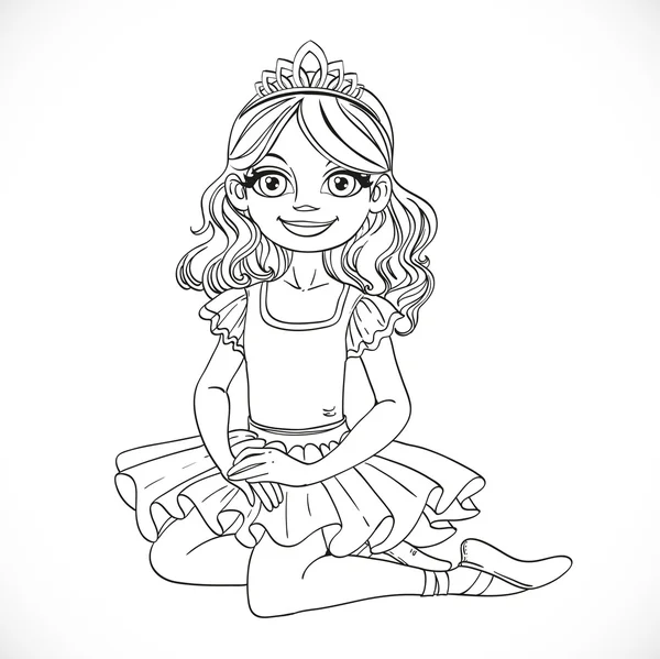 Ballerina meisje in tutu en tiara zitten op verdieping geschetst geïsoleerd — Stockvector