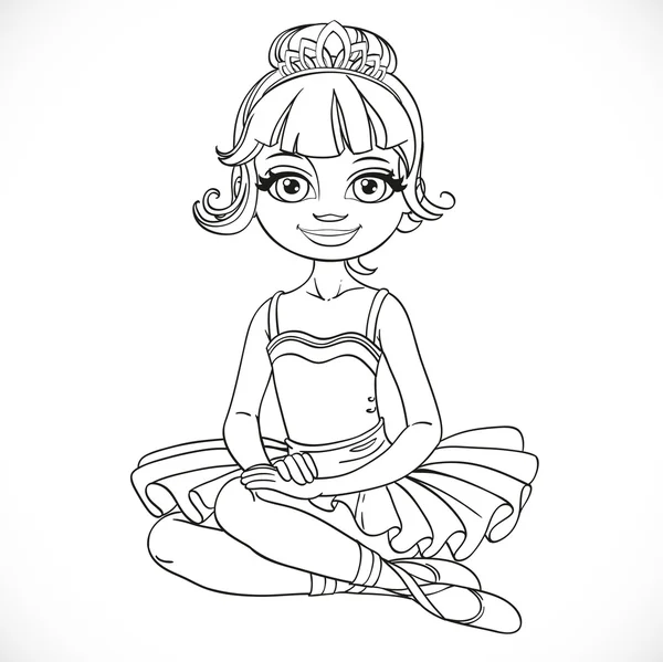 Chica hermosa bailarina tutu y tiara sentarse en suelo descrito — Vector de stock