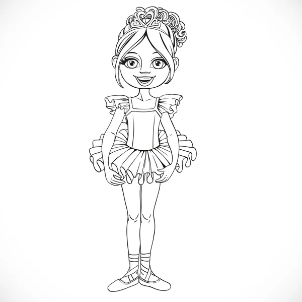 Beautiful little ballerina girl in tiara with hearts outlined is — Stock Vector