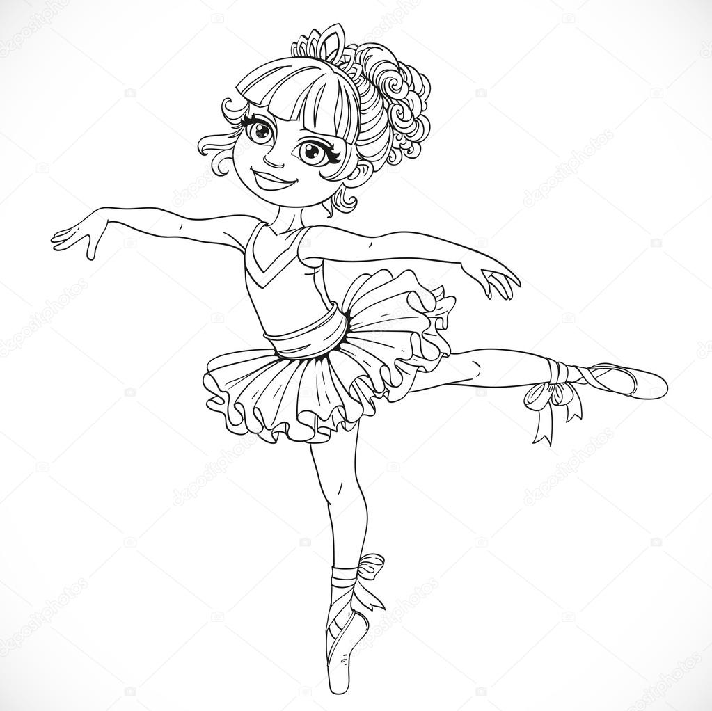 Little ballerina girl dancing in ballet tutu on one leg outlined