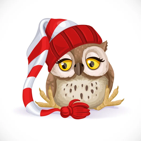 Cute owlet in a cap sits and wants to sleep — Stock Vector