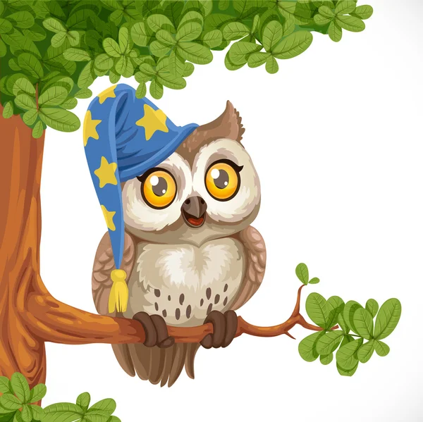 Cute owl wearing a hat sitting on a tree branch isolated on a wh — Stock Vector