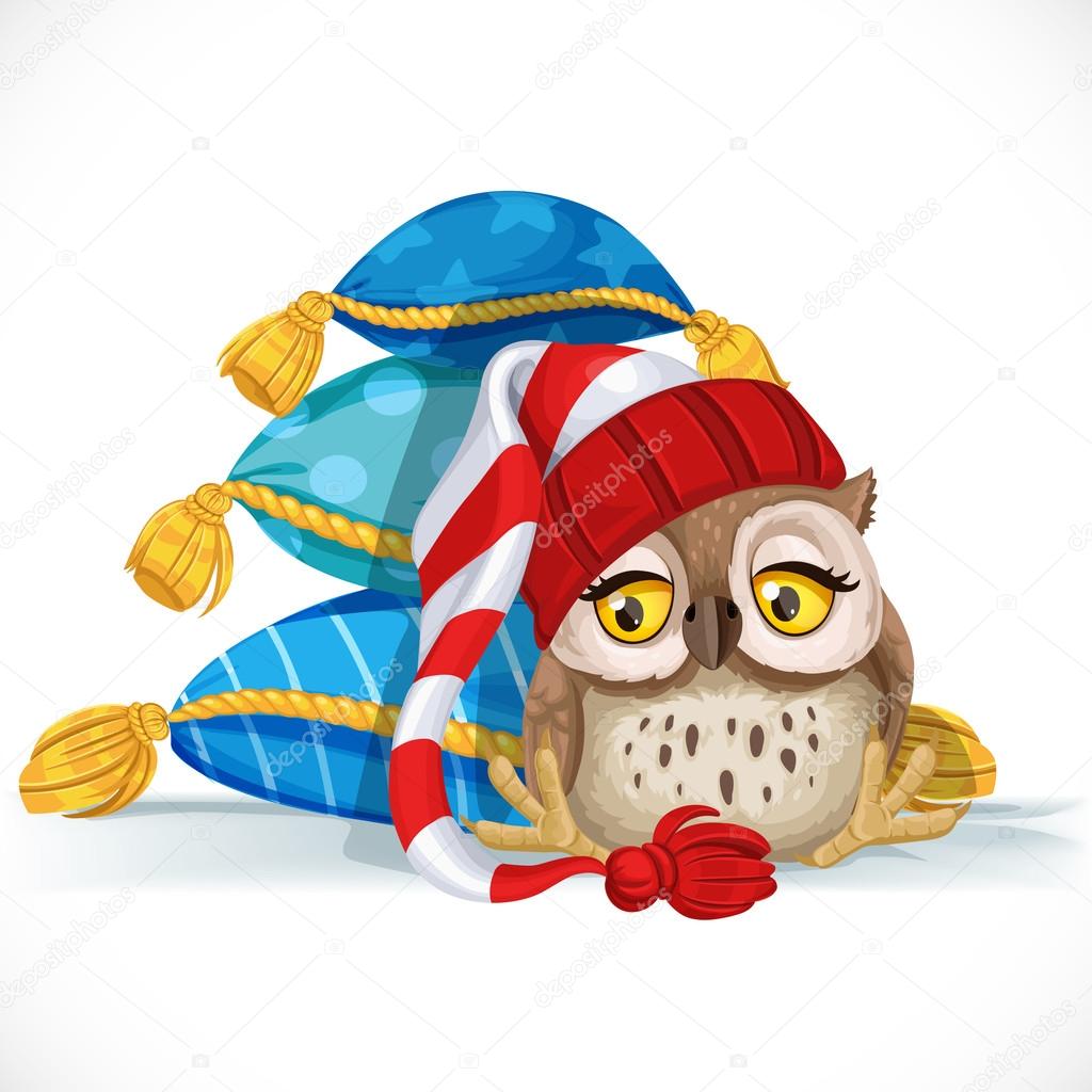 Cute owlet in a cap sits near a pile of pillows and wants to sle