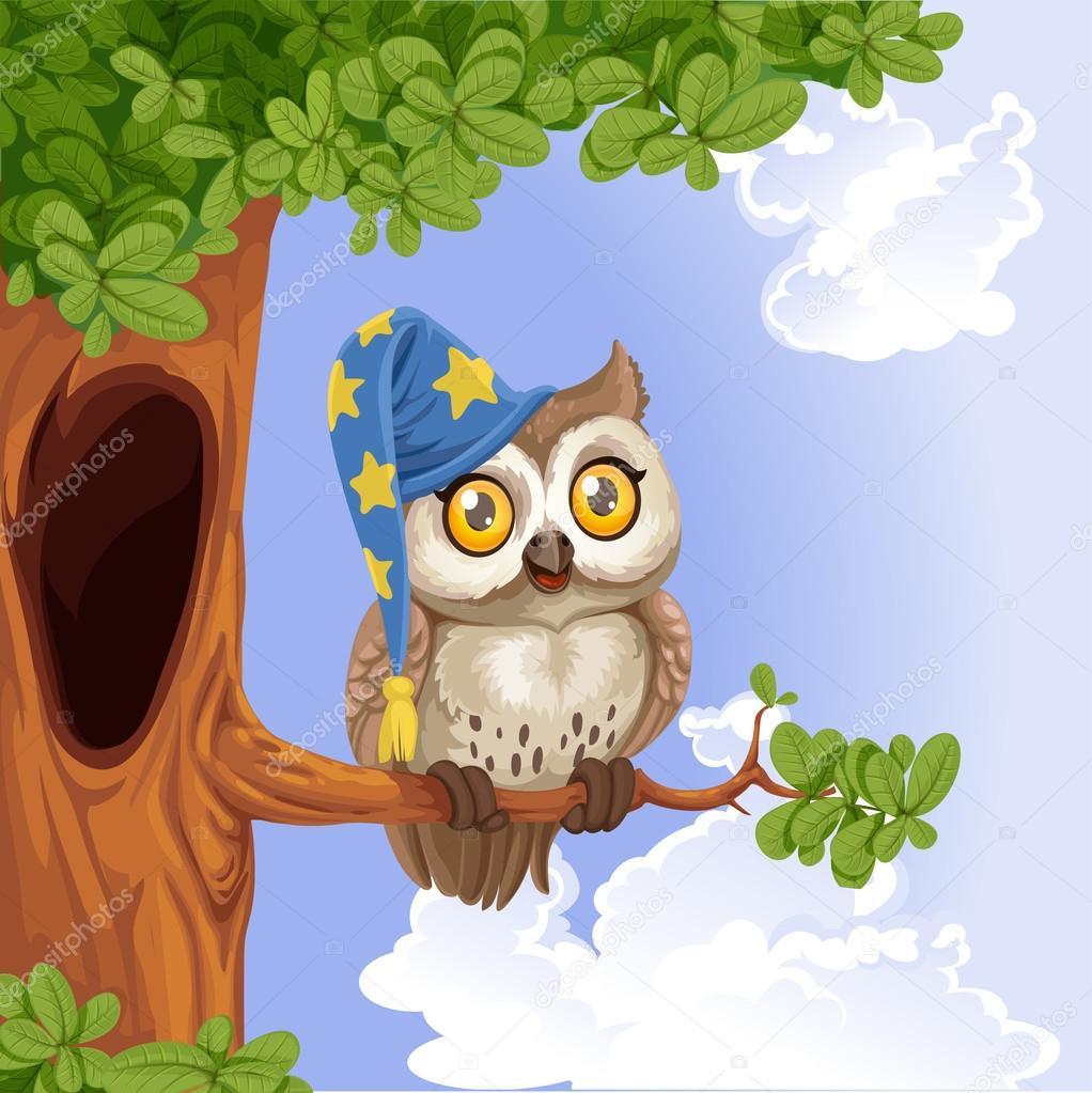 Cute owl wearing a hat sitting on a tree branch
