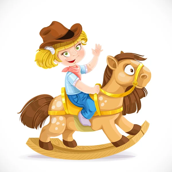 Niña linda se sienta en el caballo juguete — Vector de stock