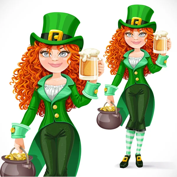 Leprechaun di bella ragazza con la pentola d'oro offre una birra isolare — Vettoriale Stock