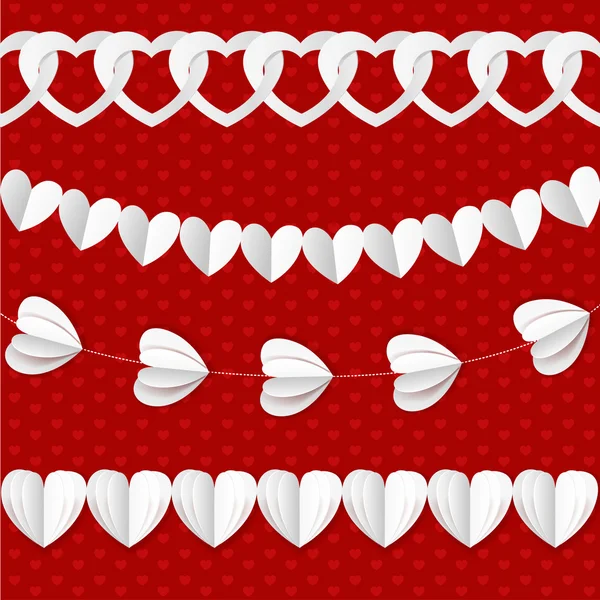 Bílý bezešvý papírové girlandy z Valentine srdce na červené — Stockový vektor