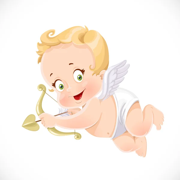 Lindo poco Cupido con una flecha aislada sobre fondo blanco — Vector de stock