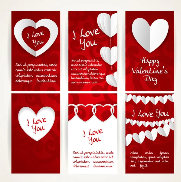 Banderas verticales con guirnaldas de corazones de papel para San Valentín D — Vector de stock