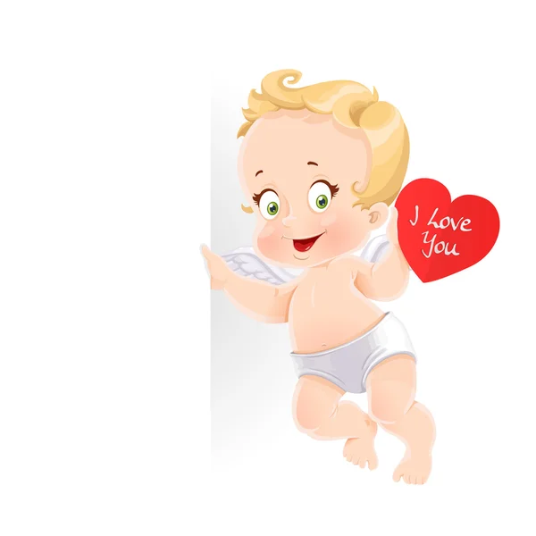 Cute cupid with valentine card holding a large vertical banner i — Stock Vector
