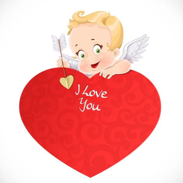 Schattig cupid met een grote rode valentine card geïsoleerd op een witte ba — Stockvector