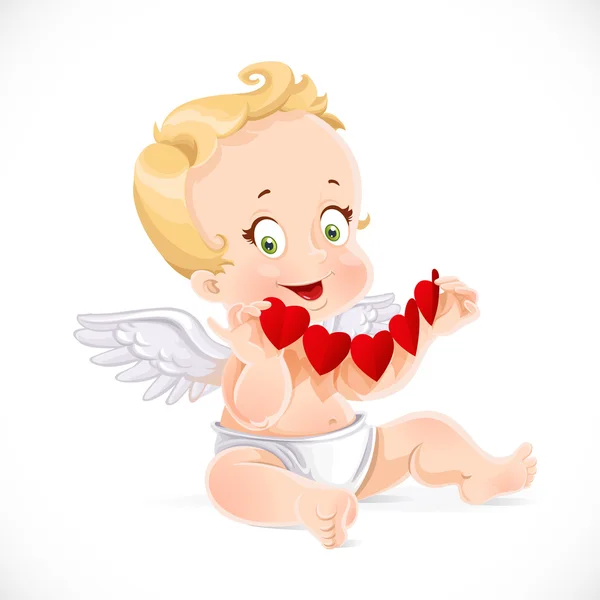 Cupidon petit mignon assis sur le sol et tenant une guirlande de — Image vectorielle