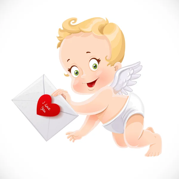 Lindo pequeño Cupido vuela con una carta de amor aislada en un blanco b — Vector de stock