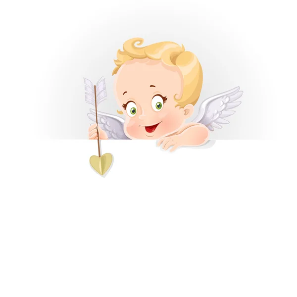 Lindo Cupido con un gran banner horizontal aislado en un blanco trasero — Vector de stock