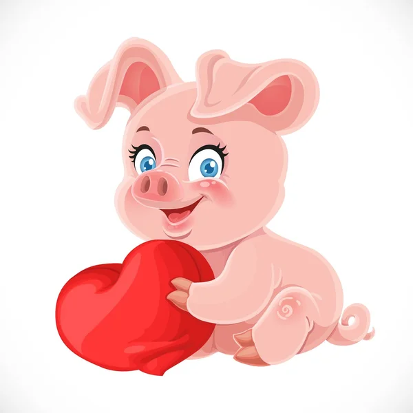Niedliche Cartoon glücklich Baby Schwein umarmt einen weichen roten Kissen Herz isol — Stockvektor
