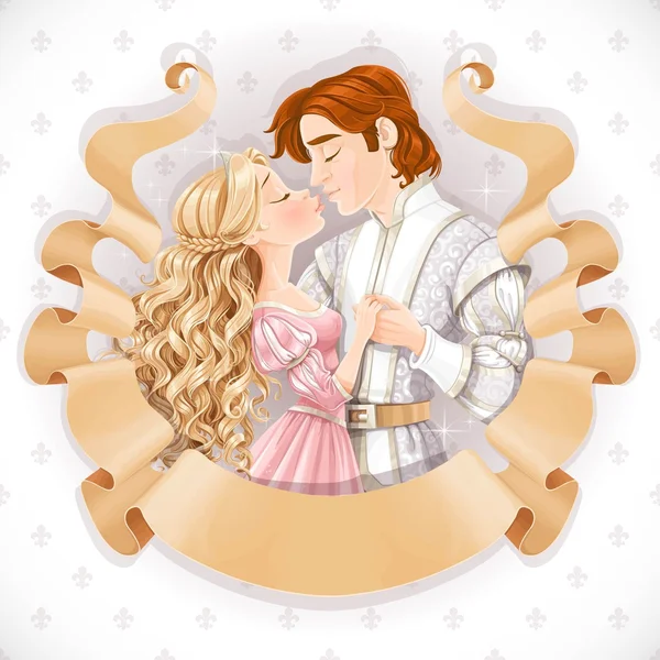 Romantic scene of a fabulous prince and princess kiss save the d — Stock Vector