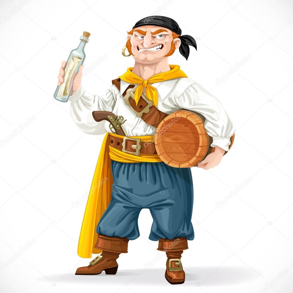 Cute pirate with a barrel of rum and a bottle with a letter isol