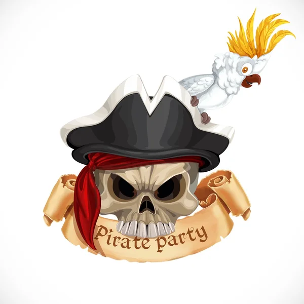 Emblema para el partido pirata con una calavera vestida con un sombrero y un loro — Vector de stock