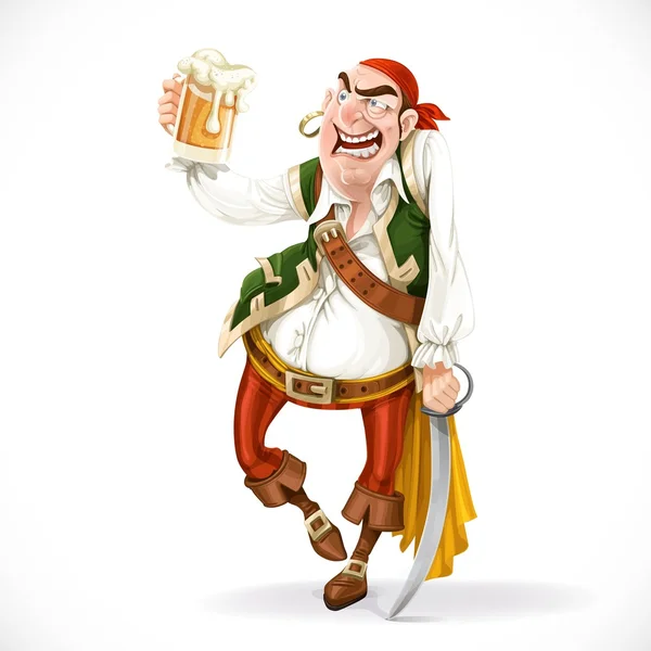 Drunken pirate with a glass of beer is based on the sword isolat — Stock Vector