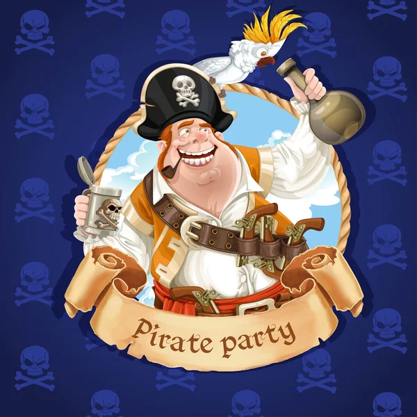 Dronken piraat met papegaai zittend op een hoed. Banner voor piraat p — Stockvector