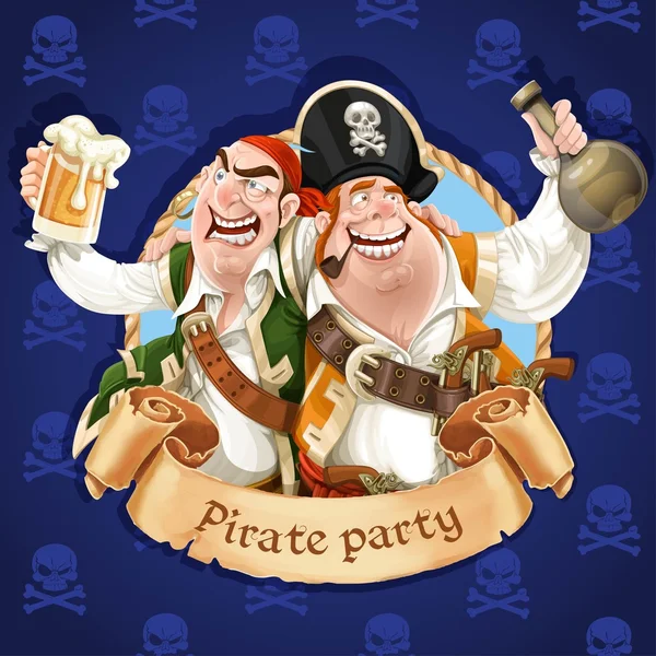 ラム酒とビールを持って 2 人の酔った海賊。海賊党のバナー — ストックベクタ