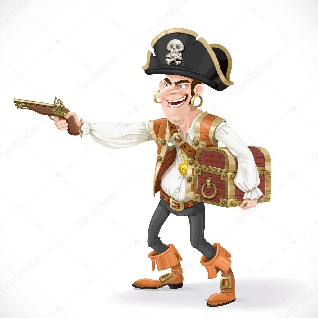 Cute pirate take aim a pistol and cuddle chest isolated on white