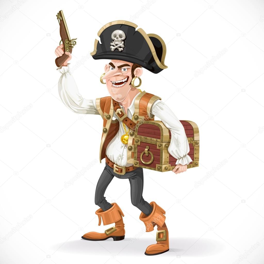 Cute pirate with a gun pressed to himself a big treasure chest i