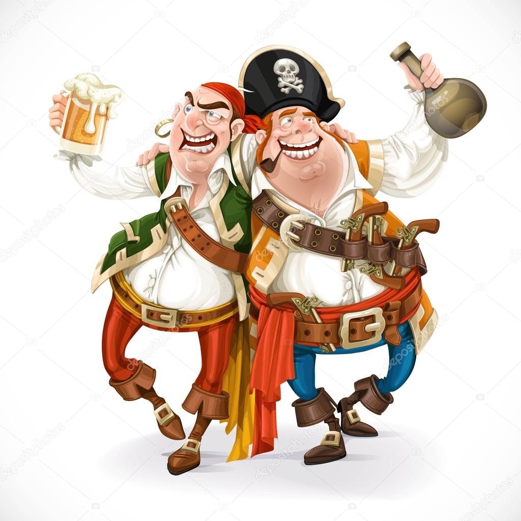 Two drunk pirates are drinking holding each other isolated on wh