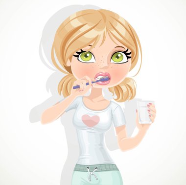 Beyaz arka plan üzerinde izole dişlerini fırçalama sevimli sarışın kız