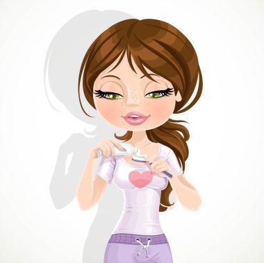 Şirin esmer kız toothb bir tüp diş macunu dışarı