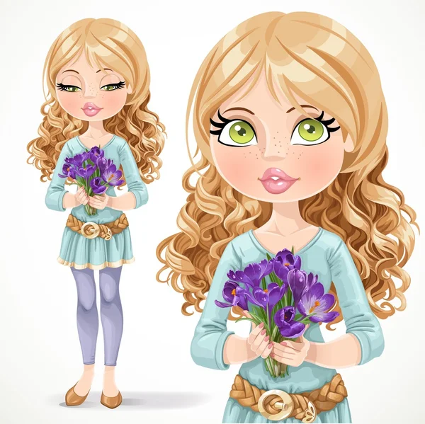 Beautiful blond girl holding a bouquet of crocuses isolated on — Stock Vector