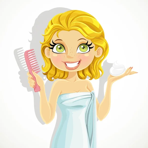 Belle jeune femme blonde met les cheveux mouillés style mousse isolat — Image vectorielle