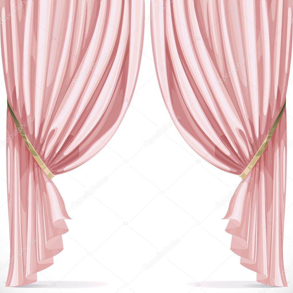 Pink curtain collected in folds ribbon isolated on a white backg