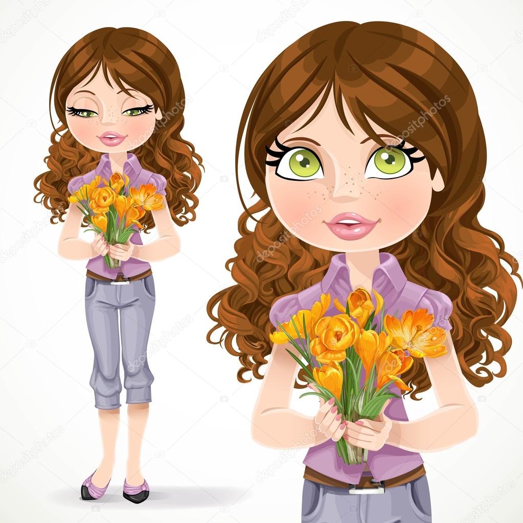 Beautiful brunette girl holding a bouquet of yellow crocuses iso