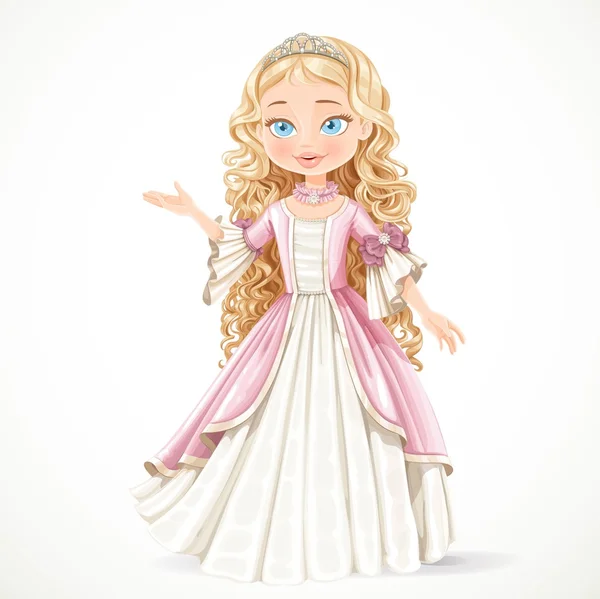 Beautiful young blond princess in a pink dress and tiara tells i — Stock Vector