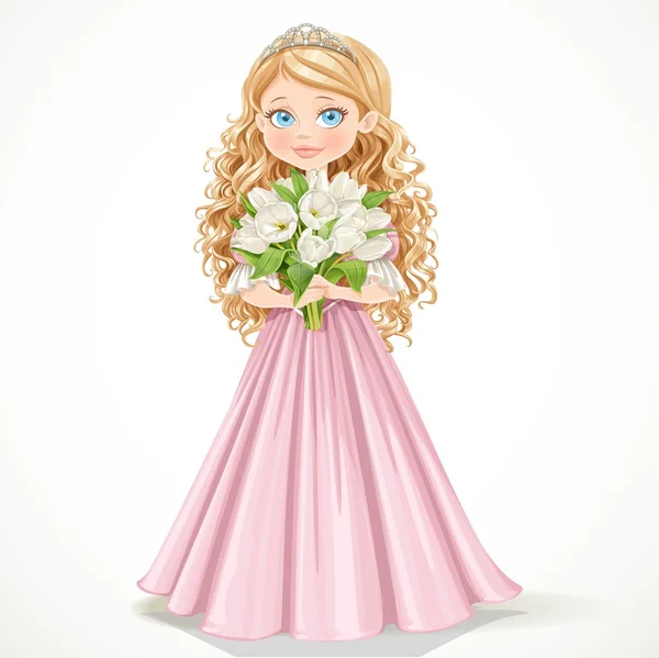 Beautiful young princess in a pink dress holding a bouquet of wh — Stock Vector