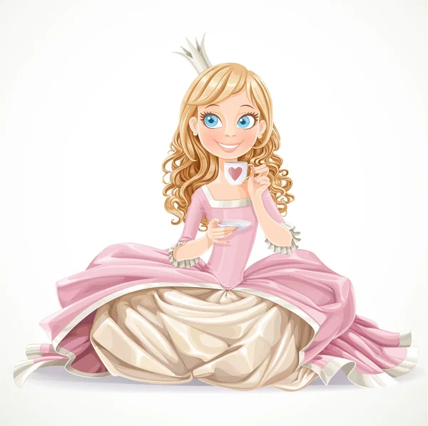 Vacker prinsessa i en rosa klänning sitter på golvet och håll — Stock vektor