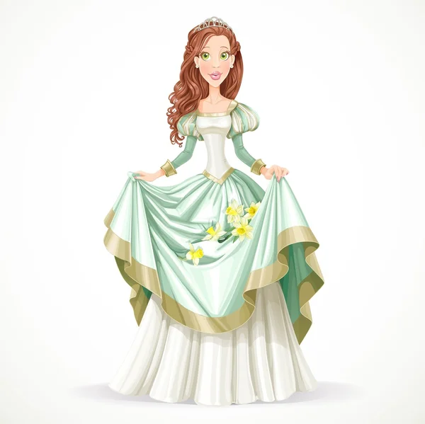 Bella princesa con cabello castaño tiene en sus Vestido de los narcisos — Vector de stock