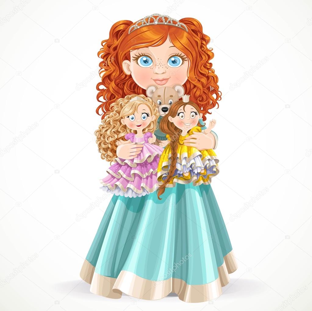 Cute little red-haired princess girl holding in arms dolls isola