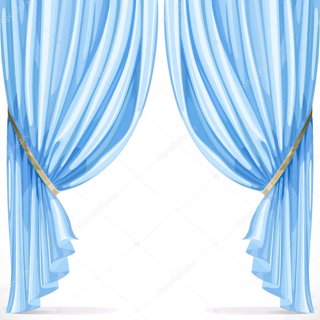 Blue curtain collected in folds ribbon isolated on a white backg