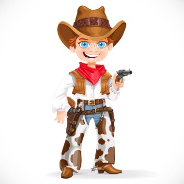 Cute boy dressed as a cowboy with revolver isolated on a white b