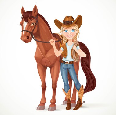 Teen girl dressed as a cowboy holds the reins saddled horse isol