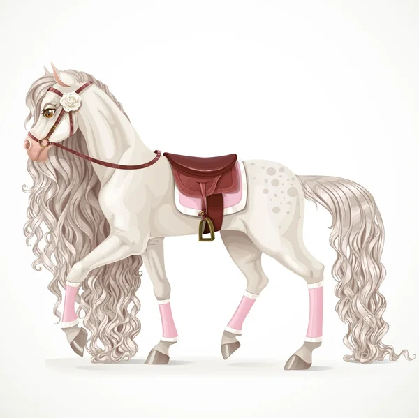 Красивый белый конь с длинной гривой и вальтрапом на белом фоне — стоковый вектор