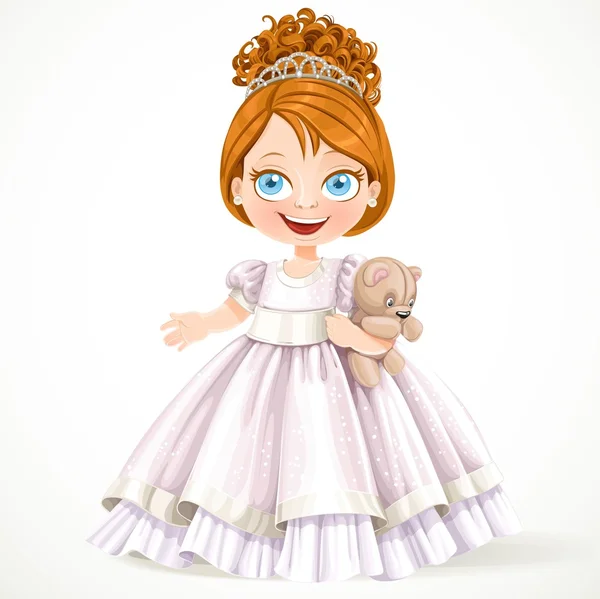 Petite princesse mignonne dans une magnifique robe blanche avec ours en peluche — Image vectorielle
