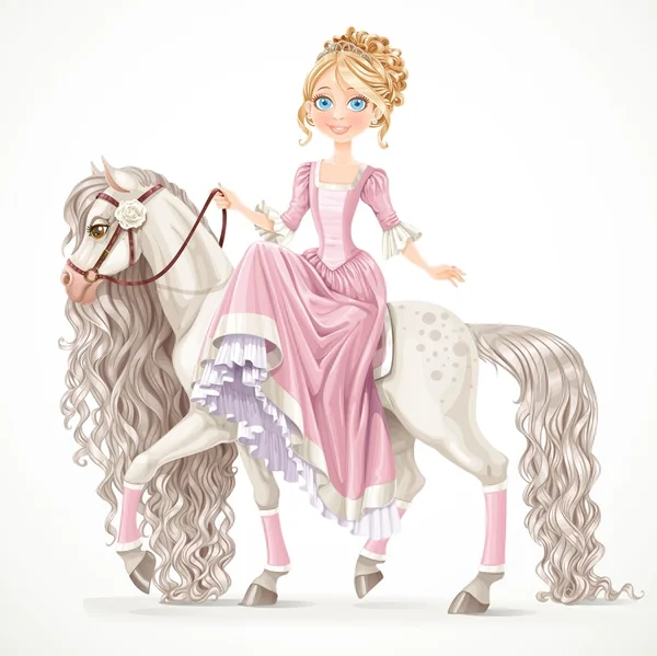 Cute princess on a white horse with a long mane isolated on a wh — 图库矢量图片