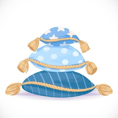 Pile of blue pillows with tassels isolated on a white background