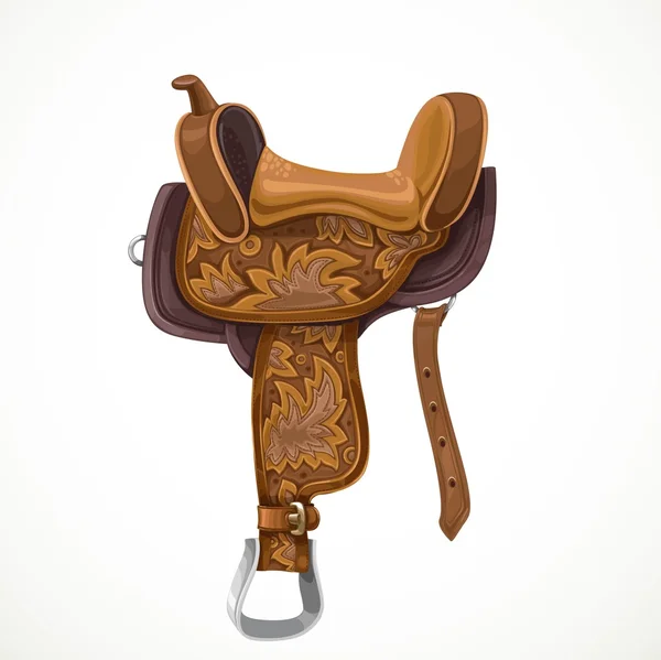 Brown saddle with ornaments and embroidery for equestrian sport — Stock Vector