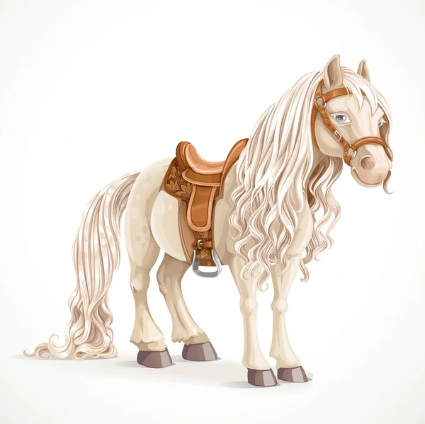 Cute sela cavalo pônei pequeno isolado em um fundo branco — Vetor de Stock