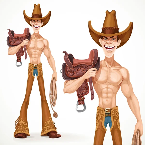 Cowboy naked to the waist with a saddle on his shoulder and a la — Stock Vector