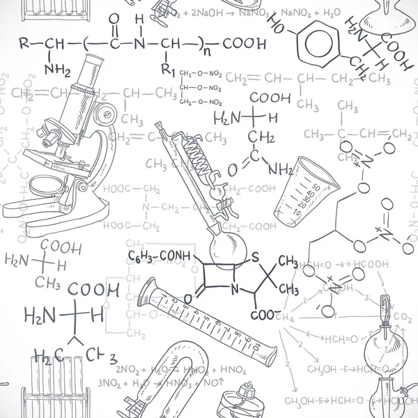 Seamless pattern of the formulas on the chemicals and equipment — Stock Vector